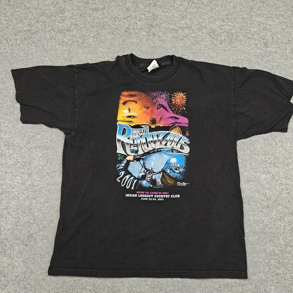 Vintage Harley Rendezvous Shirt Mens XL Black Motorcycle Rally Graphic Tee 2001